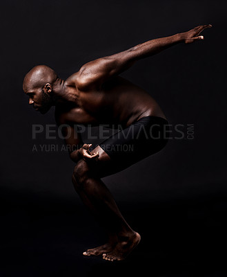 Buy stock photo Body, stretching and man on dark background with health, wellness and fitness or ready for running in studio. Young person, athlete or african model in art deco for dance, training or muscle training