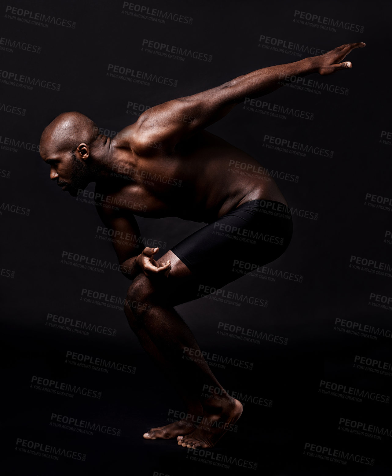 Buy stock photo Body, stretching and man on dark background with health, wellness and fitness or ready for running in studio. Young person, athlete or african model in art deco for dance, training or muscle training