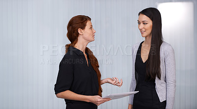 Buy stock photo Boss, employee or paper in business, discussion or planning of startup, company or communication. Businesswomen, document or talking of corporate, administration or project in professional office