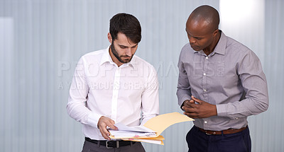 Buy stock photo Men, document or business in office, conversation or exchange of idea for planning, work or project. Businessmen, paper or point to discuss or explain for professional, corporate or teamwork