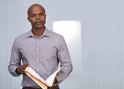 Buy stock photo Man, paper or thinking of business, planning or question to solve, report or remember in project. Businessman, document or idea of corporate, vision or startup dream as professional solution