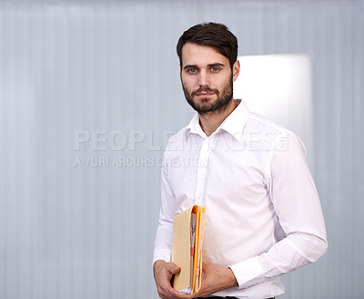 Buy stock photo Files, paperwork and portrait of businessman in office for insurance, application review and premium policy. Mockup, male broker and smile with confidence for professional career, work and job pride