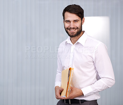 Buy stock photo Files, paperwork and portrait of businessman with confidence for job application, document and work. Mockup, male person and smile with happiness for professional career, folder and recruitment