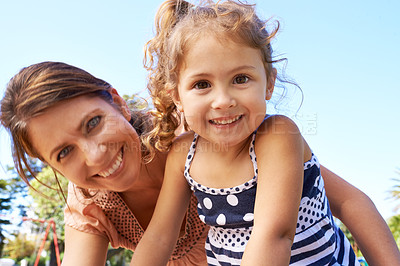 Buy stock photo Mother, daughter and smile in portrait outdoor, summer holiday and time together with love and fresh air. Happy, trust and security, woman and young girl in park with travel and adventure in nature