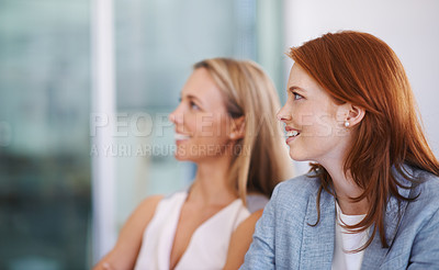 Buy stock photo Business, woman and teamwork in meeting with listening to presentation for company development and creative growth. Entrepreneur, people and employees in conference for training, workshop and happy