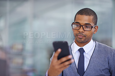 Buy stock photo Business man, phone and texting in office for networking, contact and reading for email notification. African person, smartphone and check with mobile app, mockup space and connection in workplace