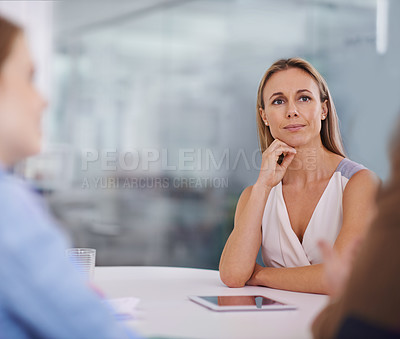 Buy stock photo Business, woman and teamwork in meeting with listening to presentation for company development and creative growth. Entrepreneur, people and employees in conference for training, workshop and tablet