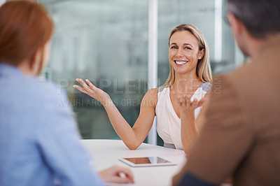 Buy stock photo Business people, women and meeting with planning, cooperation and startup with ideas or partnership. Employee, corporate or professional with conversation or teamwork with collaboration or feedback