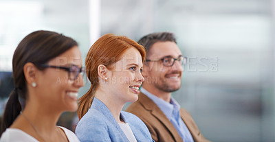 Buy stock photo Business, woman and audience in meeting with listening to presentation for company development and creative growth. Entrepreneur, people and employees in conference for training, workshop and happy
