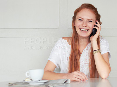 Buy stock photo Coffee shop, portrait and happy woman with phone call, relax and enjoy conversation on wall background. Cafe, smartphone and face of female person speaking while on her day off, weekend or tea break