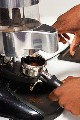 Buy stock photo Barista hands, cafe and espresso with coffee machine for service with brewing process in closeup. Restaurant, hot beverage and hand with person working for preparation with premium caffeine blend.