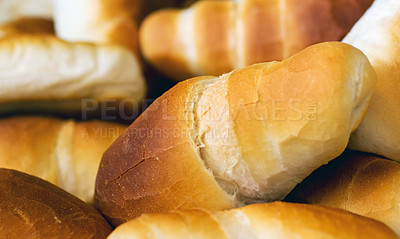 Buy stock photo Croissant bread, food and bakery of rolls from cooking, catering service, breakfast or baking meal at cafe. Closeup of fresh baked, bun or roll snack for eating, nutrition or fiber in the restaurant