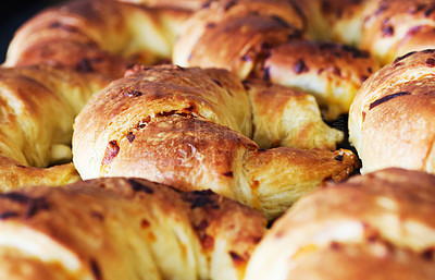 Buy stock photo Bakery, croissant and bread in a retail store with coffee shop food and product in a kitchen. Fresh, closeup and French pastry with patisserie and dessert in a cafe with flour and wheat cooking snack