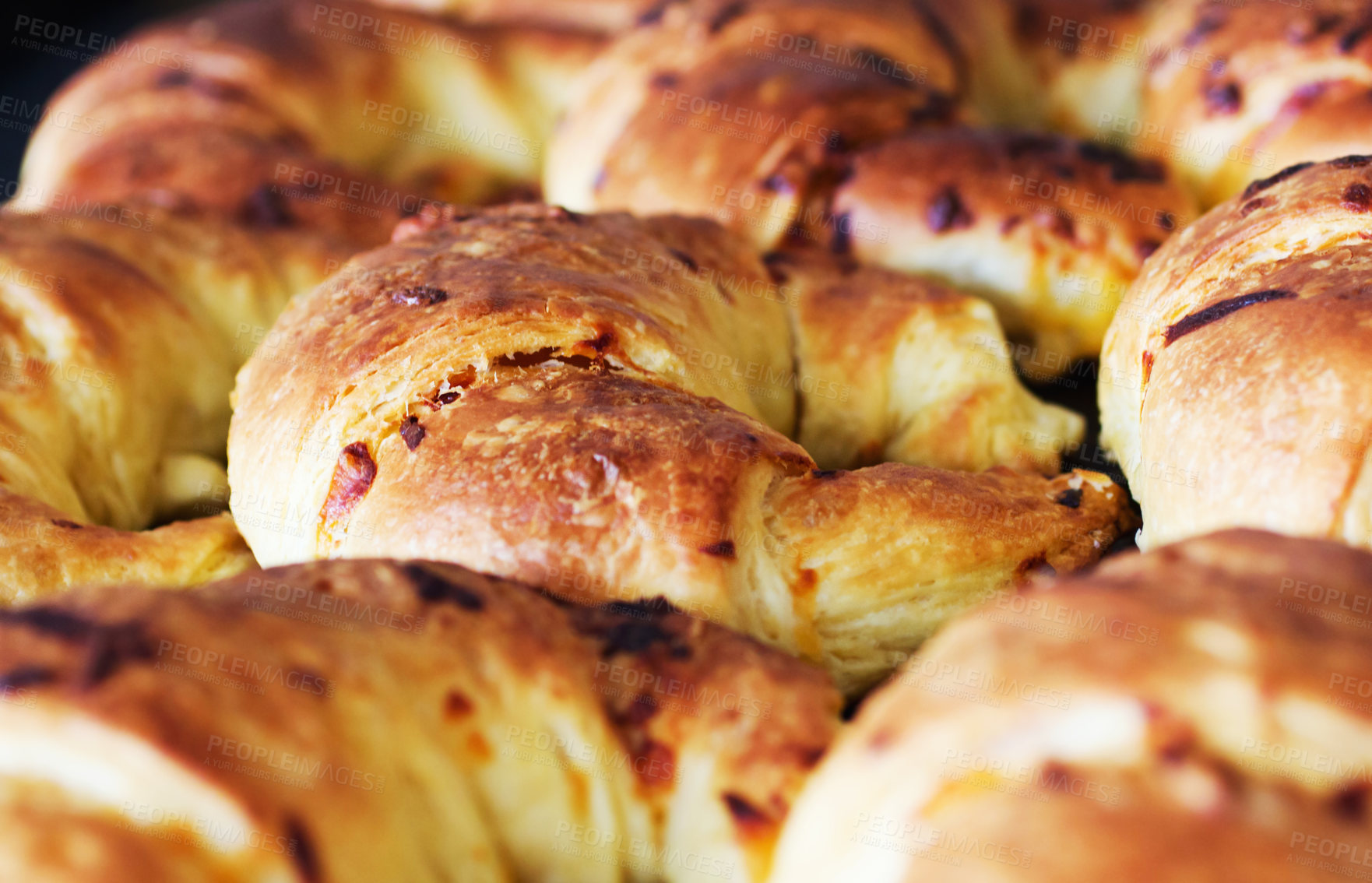 Buy stock photo Bakery, croissant and bread in a retail store with coffee shop food and product in a kitchen. Fresh, closeup and French pastry with patisserie and dessert in a cafe with flour and wheat cooking snack