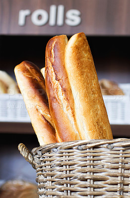 Buy stock photo Bakery, bread basket and grocery store, supermarket or coffee shop for a diet or healthy food with nutrition. Morning, kitchen and oven baked fresh roll or product for lunch or breakfast in a shop