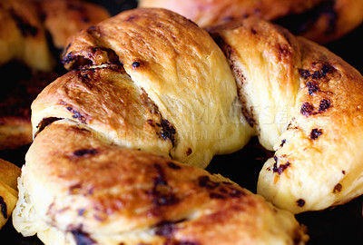 Buy stock photo Chocolate croissant, food and bakery cooking for catering service, breakfast or baked meal at cafe. Closeup of fresh or crispy bread or dessert for eating, sweet cake or nutrition roll in the kitchen