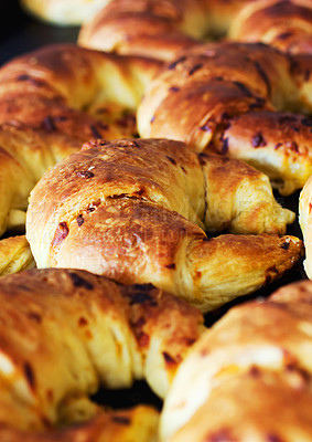 Buy stock photo Bakery, croissant and bread in a store with coffee shop food and product in a kitchen. Fresh, closeup and French pastry with patisserie and dessert in a cafe with flour and wheat for a snack