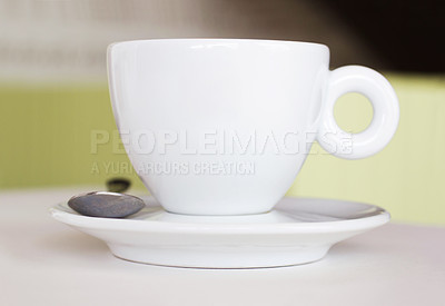 Buy stock photo Closeup, white cup and saucer in cafe, coffee shop and order for hot drinks beverage. Background, table crockery and teacup for drinking latte, cappuccino and espresso in restaurant or food industry