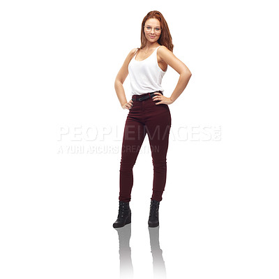Buy stock photo Woman, portrait and glasses in studio with smile for fashion, trendy outfit and confidence on white background. Person, face and smile with eyewear, pride and proud expression for career on mock up