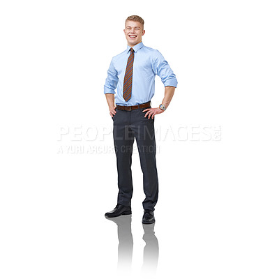 Buy stock photo Professional, smile and portrait of business man in studio for career, financial advisor and corporate. Happy, accountant and employee with male person on white background for fashion and mockup