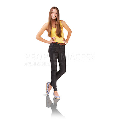 Buy stock photo Happy woman, portrait and fashion in casual clothing, style and long hair against a white studio background. Young female person, brunette or model smile and posing in confidence on mockup space