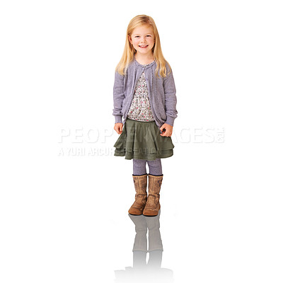 Buy stock photo Fashion, happy and portrait of kid in a studio with stylish, cool and trendy outfit for children. Smile, sweet and full body of girl model with casual style and positive attitude by white background.