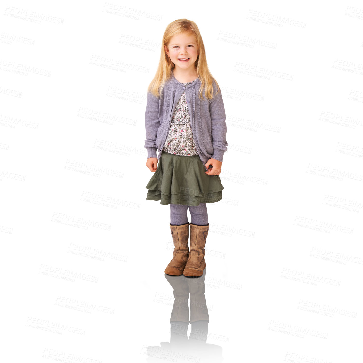 Buy stock photo Fashion, happy and portrait of kid in a studio with stylish, cool and trendy outfit for children. Smile, sweet and full body of girl model with casual style and positive attitude by white background.