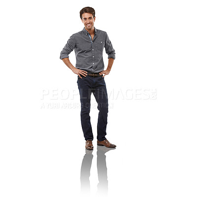 Buy stock photo Happy, entrepreneur and confident portrait in studio, white background or man in professional style. Businessman, smile or hands on hips and reflection of person with pride for work or career mockup