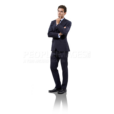 Buy stock photo Businessman, portrait and thinking in studio mockup, professional and corporate career with idea. Person, face and solution with decision for entrepreneur, strategy and job pride by white background