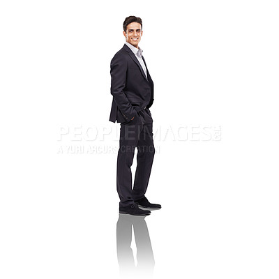 Buy stock photo Business man, suit and pose, professional portrait and smile  with hands in pocket on white background. Corporate fashion, entrepreneur and career success with mockup space, confidence and ambition