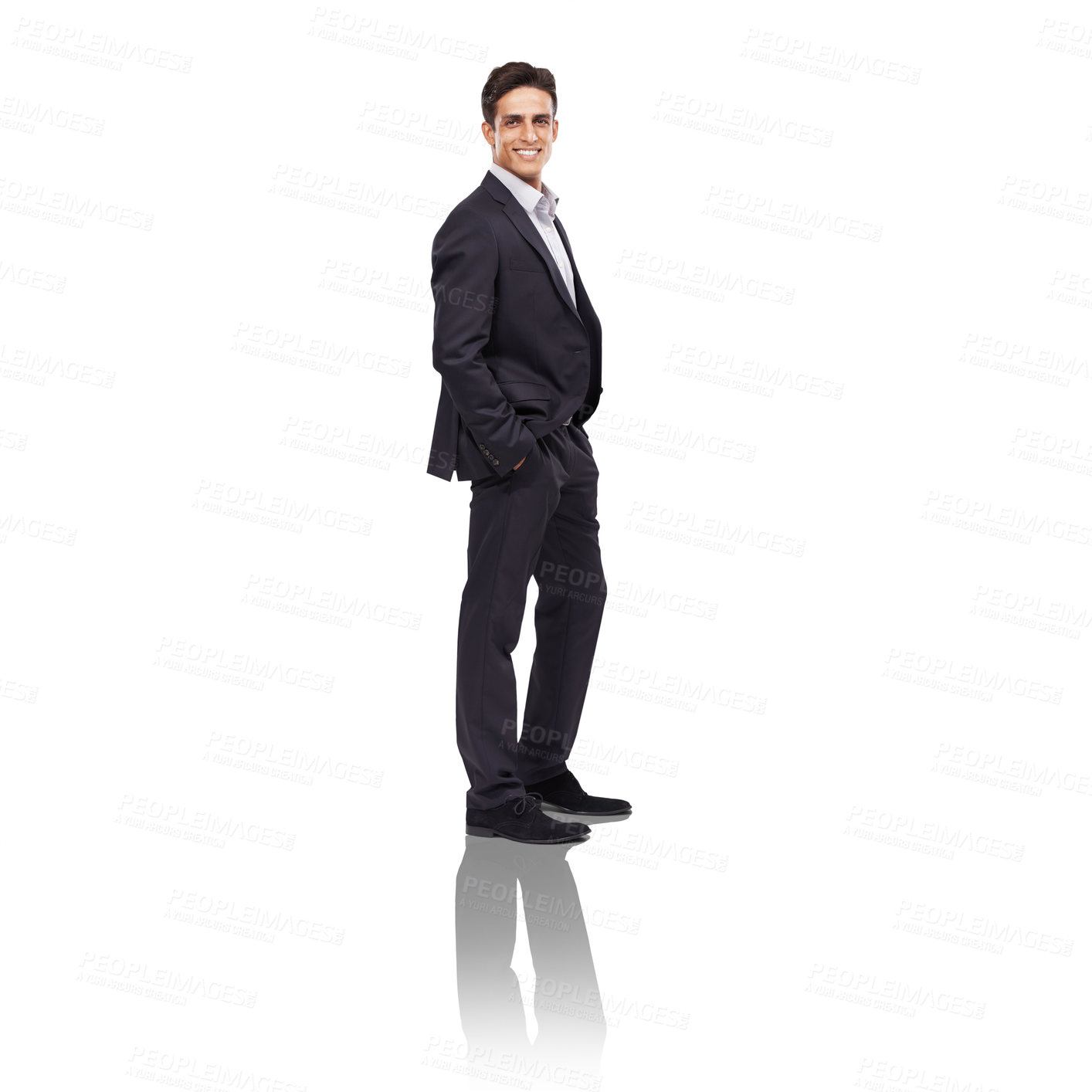 Buy stock photo Business man, suit and pose, professional portrait and smile  with hands in pocket on white background. Corporate fashion, entrepreneur and career success with mockup space, confidence and ambition