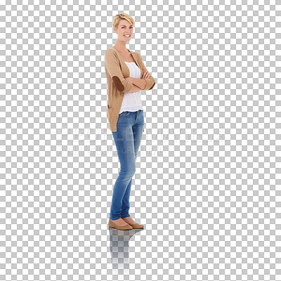 Buy stock photo Portrait, fashion and happy woman with arms crossed on isolated, transparent and png background. Fashionable, pose and female person smile with winter clothes, comfort or trendy casual outfit choice