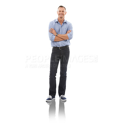 Buy stock photo Fashion, portrait and mature man in studio with a casual, stylish and classy jeans and shirt outfit. Happy, smile and handsome male model with crossed arms and confidence isolated by white background