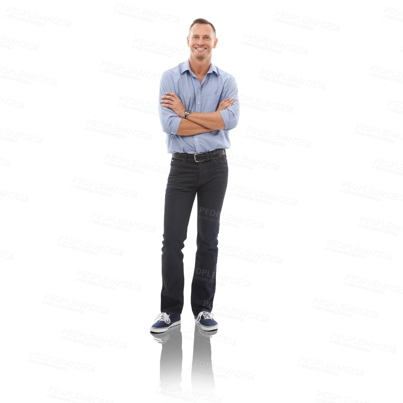 Buy stock photo Fashion, portrait and mature man in studio with a casual, stylish and classy jeans and shirt outfit. Happy, smile and handsome male model with crossed arms and confidence isolated by white background