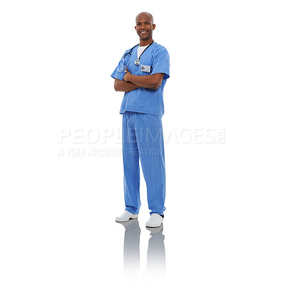 Buy stock photo Portrait, man and doctor with arms crossed, smile and professional isolated on a white studio background. African person, model and employee with happiness, nurse and uniform with mockup space or joy