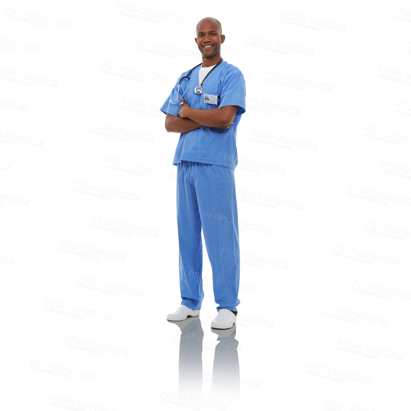 Buy stock photo Portrait, man and doctor with arms crossed, smile and professional isolated on a white studio background. African person, model and employee with happiness, nurse and uniform with mockup space or joy