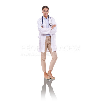 Buy stock photo Woman, doctor and pride for healthcare in portrait, cardiologist and confidence in studio. Female person, white background and medical consultant by mockup space, medicare and trust in medicine