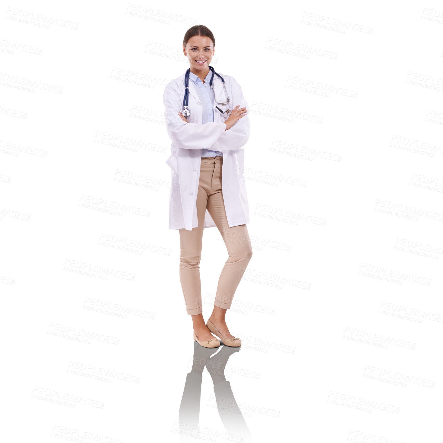 Buy stock photo Woman, doctor and pride for healthcare in portrait, cardiologist and confidence in studio. Female person, white background and medical consultant by mockup space, medicare and trust in medicine