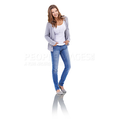 Buy stock photo Woman, fashion and pride in studio portrait, smile and happy for casual outfit on white background. Female person, makeup and confident for beauty, full body and winter style clothing on mockup space