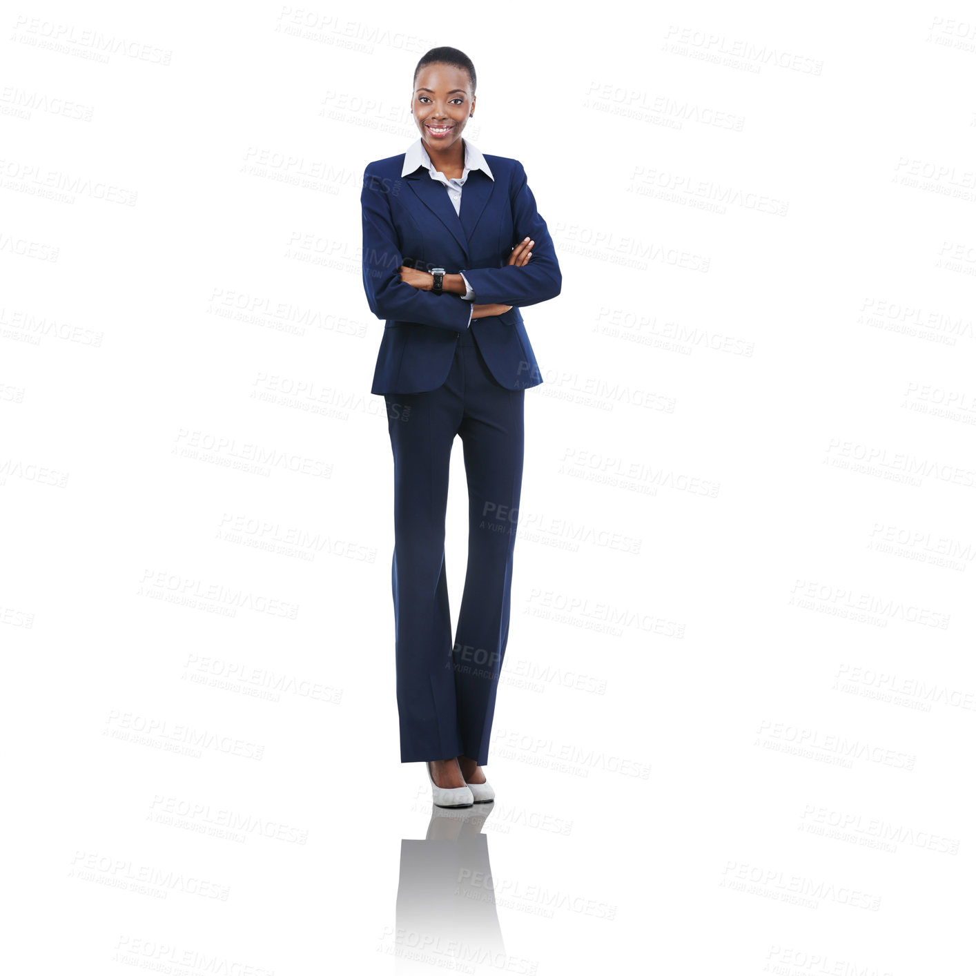 Buy stock photo Portrait, lawyer and happy black woman with arms crossed in studio isolated on a white background. Proud, confidence and African manager in suit, attorney and employee working on career in Kenya