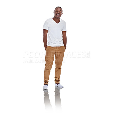 Buy stock photo African man, fashion and portrait in studio with confidence, trendy style or sneakers by white background. Person, guy or model with edgy clothes for casual outfit with shoes, pride or happy in Kenya