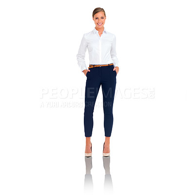 Buy stock photo Portrait, businesswoman and smile in white background with professional, formal and cool outfit for corporate. Female entrepreneur, confident and elegant in studio saleswoman, cheerful and happy