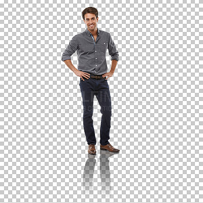 Buy stock photo Happy, entrepreneur and confident portrait isolated in transparent or png background with style. Professional, businessman and smile with hands on hips, jeans and person with pride for work or career
