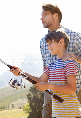 Buy stock photo Fishing, pole or father and son in nature for travel, bonding and vacation, holiday or trip. Fish, line and kid with dad outdoor with love, learning or sustainable living while camping in a forest
