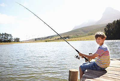 Buy stock photo Happy child, portrait and fishing by lake or nature for outdoor adventure, learning and sustainability. Excited kid or boy relax on dock with rod, line or pole for food, holiday or vacation in mockup