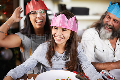 Buy stock photo Christmas hats, grandfather and parents with girl in home for celebration, festival and season event. Happy mom, grandpa and child bonding, relax and laugh for holiday, vacation and festive party