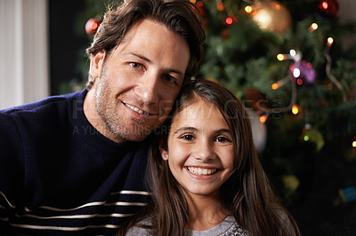 Buy stock photo Christmas, family and portrait of father with girl in home for celebration, festival and season event. Face of happy dad and child bonding, relax and embrace for holiday, vacation and festive party