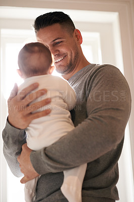 Buy stock photo Love, happy or father and baby in a house with care, trust and child development, support or bonding. Family, security and dad with kid at home for learning, safety or morning games with gratitude