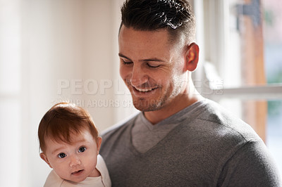 Buy stock photo Father, baby and calm in a new home with smile and relax of a newborn with dad together. Love, support and care in a family house with development, bonding and happy with trust and proud of kid