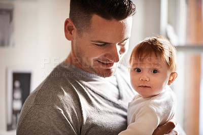 Buy stock photo Father, baby and home portrait with bonding, love and support together with family care and development. Dad, smile and young child in a house with parent with a kid and happy about toddler growth 